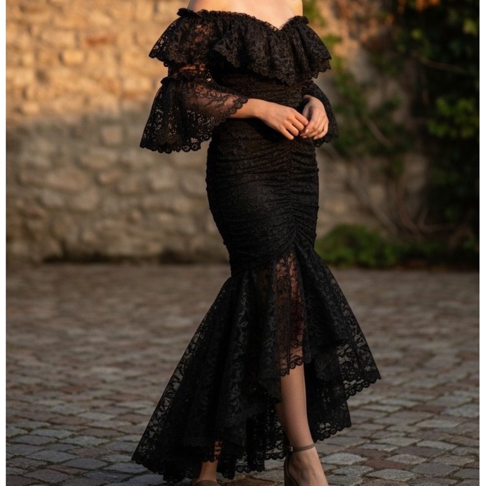 Vtg Black Lace High Low Dress Women S Witchy Cosplay Gothic Mermaid Ruffle Gown